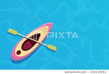Kayak on water top view. Kayaking rafting hobby, bright boat with paddle on lake or river surface. Sport equipment. Summer activities poster sapid vector design 136118561