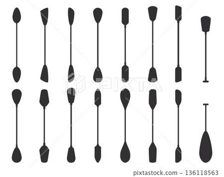 Kayak paddles. Flat black paddle silhouettes for cutting. Different rowing accessories for boats, water transport and vessels. Isolated sea, ocean symbols sapid vector set 136118563