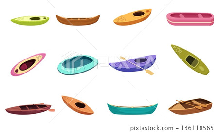 Cartoon rafting boats. Inflatable, wooden, plastic boat, isolated river lake water transport. Different types vessels for hobby and tournament, sapid vector set 136118565