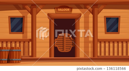 Saloon exterior. Western pub wooden door, entrance in wild west pub or bar. Wood building facade with barrels and criminal wanted poster, sapid vector street scene 136118566