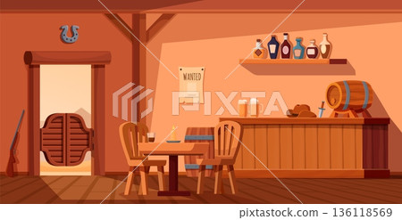 Saloon interior. Wild west pub, western bar with wooden furniture, rum bottles, west style doors. Cowboy sheriff hat on counter, gun and knife, sapid vector empty scene 136118569