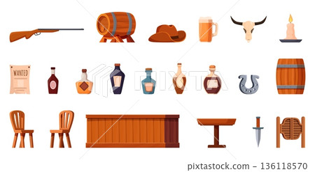 Western tavern elements. Saloon furniture and items. Alcohol drinks bottles, wooden barrel, cowboy hat, doors and gun. Isolated wild west sapid vector clipart Western tavern elements. Saloon furniture and items. Alcohol drinks bottles, wooden barrel, cowboy hat, doors and gun. Isolated wild west sapid vector clipart 136118570