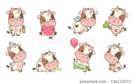 Funny cows. Cute kawaii cow skating, hug heart, sleeping on meadow. Adorable children mascots, stickers design with animals, nowaday vector clipart 136118572
