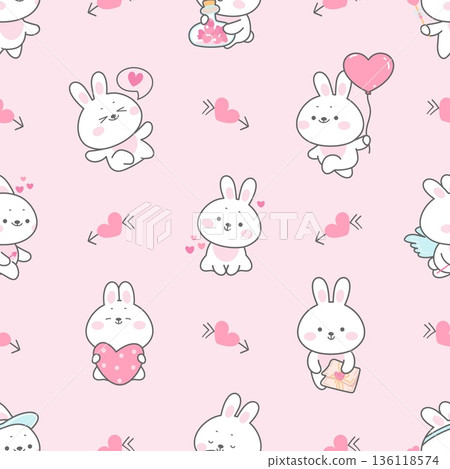 Love bunny seamless pattern. Kawaii bunnies with hearts, valentines day animal characters. Romantic animals, funny rabbit cupid, nowaday vector background Love bunny seamless pattern. Kawaii bunnies with hearts, valentines day animal characters. Romantic animals, funny rabbit cupid, nowaday vector background 136118574