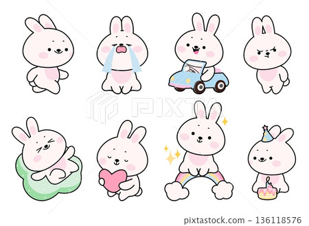 Funny kawaii bunny. Cute bunnies driving car, sitting on rainbow, celebrating birthday with cake, hug heart. Adorable stickers template, kids mascots nowaday vector set Funny kawaii bunny. Cute bunnies driving car, sitting on rainbow, celebrating birthday with cake, hug heart. Adorable stickers template, kids mascots nowaday vector set 136118576