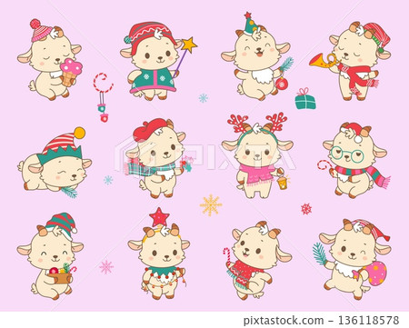 Christmas goats. Winter goat in hat, scarf, headband with stars and deer antlers. New year symbols with holiday accessories, children nowaday vector mascots Christmas goats. Winter goat in hat, scarf, headband with stars and deer antlers. New year symbols with holiday accessories, children nowaday vector mascots 136118578