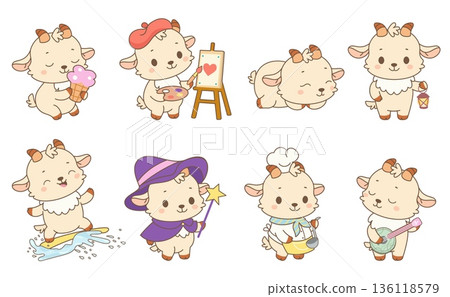 Funny goats. Cute goat chef, painter, musician. Cartoon animals different poses, sleeping, eating ice cream, surfing, nowaday vector characters Funny goats. Cute goat chef, painter, musician. Cartoon animals different poses, sleeping, eating ice cream, surfing, nowaday vector characters 136118579