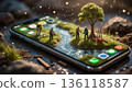 hyper-realistic modern smartphone lies flat on a dark reflective surface, its glowing screen transformed into a surreal 8K cinematic landscape with lush green grass, wildflowers, and moss growing 136118587