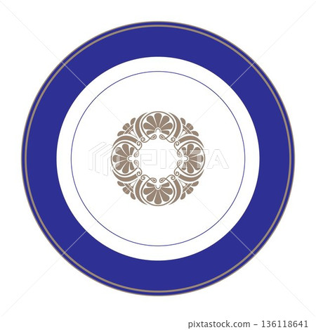 European porcelain plate with pattern. Round frame arabesque. Plate with large gold floral element in the center. Border Ancient Greece, Roman Empire pattern. For circle ceramic, textile, porcelain 136118641