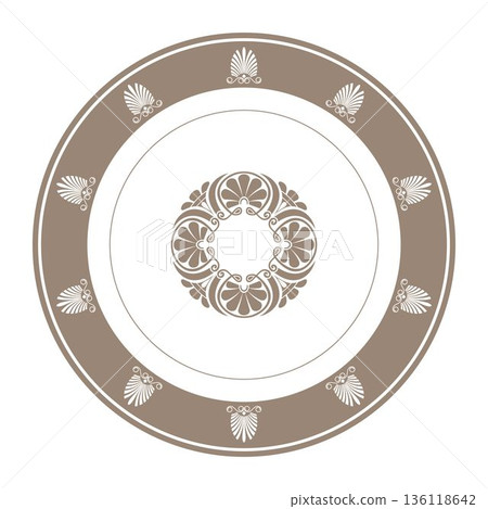 Vintage round plate with ornamental border. European porcelain plate with large gold floral element in the center. Border Ancient Greece, Roman Empire pattern. For circle ceramic, textile, porcelain 136118642