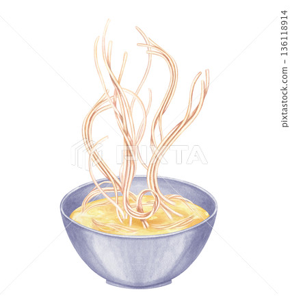 Flying boiled noodle in soy broth watercolor illustration on isolated background. Wheat noodles or spaghetti in classic soup Healthy vegetarian ramen in bowl for menu, poster, banner and food blog. Flying boiled noodle in soy broth watercolor illustration on isolated background. Wheat noodles or spaghetti in classic soup Healthy vegetarian ramen in bowl for menu, poster, banner and food blog. 136118914