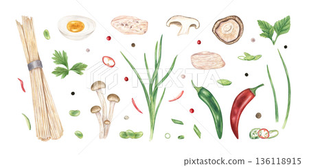 Ingredients for ramen watercolor illustration on isolated background. Raw wheat noodles, mushrooms, boiled chicken slices, red and green chili pepper, boiled halved eggs and green herbs clip art. 136118915