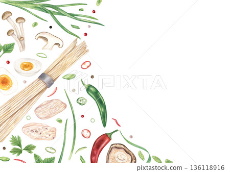 Horizontal border with ingredients for ramen soup on isolated background. Noodles, mushrooms, chicken slices, chili pepper, halved eggs and herbs watercolor illustration. Copy space for text. 136118916
