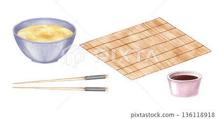 Accessories for Asian dishes clip art watercolor illustration on isolated background. Plate with broth, bamboo mat, soy sauce bowl and wooden chopsticks set. Utensil for eating of ramen, noodle, rice. Accessories for Asian dishes clip art watercolor illustration on isolated background. Plate with broth, bamboo mat, soy sauce bowl and wooden chopsticks set. Utensil for eating of ramen, noodle, rice. 136118918