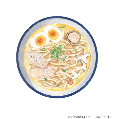 Homemade Japanese Shoyu Ramen watercolor illustration on isolated background. Soy sauce based broth serving with noodles, mushrooms, egg and chicken slices, green onions and chili peppers 136118919