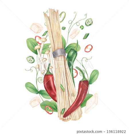 Ingredients for spicy vegan ramen soup watercolor illustration on isolated background. Raw noodles, tofu slices, red and green chili peppers, white mushrooms and herbs. For food blogs, recipe books. 136118922
