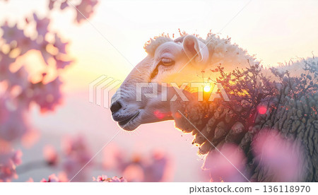 夕陽西下，櫻花枝條交疊，羊的側臉被多次曝光。 136118970