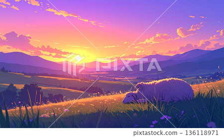 夕陽映照下山脈閃耀，草地上羊群悠閒漫步的風景插圖 136118971