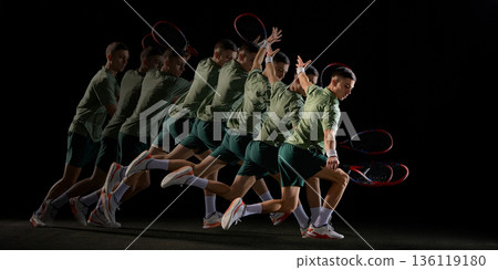 Stroboscopic tennis forehand recovery and acceleration motion sequence on black background. Stroboscopic tennis forehand recovery and acceleration motion sequence on black background. 136119180