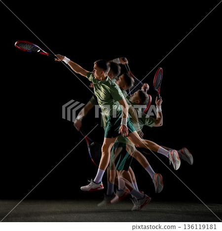Stroboscopic tennis overhead smash jump motion sequence on black background Stroboscopic tennis overhead smash jump motion sequence on black background 136119181