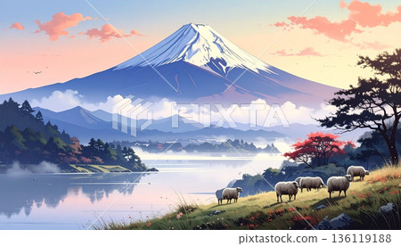 一幅寧靜祥和的動漫風景畫,一群綿羊站在草地上,俯瞰富士山和湖泊。 一幅寧靜祥和的動漫風景畫,一群綿羊站在草地上,俯瞰富士山和湖泊。 136119188