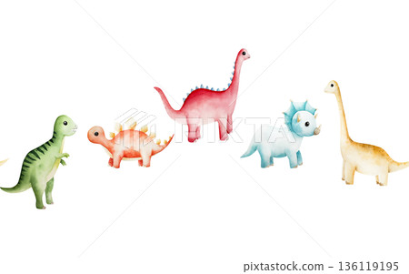 Cute dinosaur seamless border, banner. Watercolor hand drawn prehistoric triceratops, diplodocus,Spinosaurus, Brachiosaurus animal. Isolated illustration on transparent background. Perfect for for 136119195