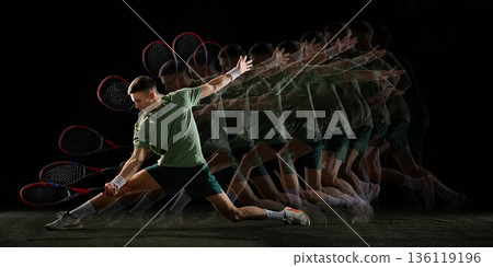 Stroboscopic tennis forehand lunge motion sequence on black background. 136119196