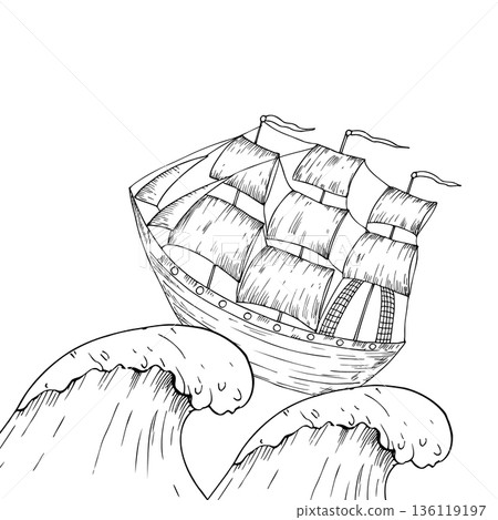Vector wind sail boat on sea waves. Hand painted linear fishing ship illustration. Graphic monochrome sketch isolated on background. For designers, prints, logo, icon, menu, postcards, holiday, cover Vector wind sail boat on sea waves. Hand painted linear fishing ship illustration. Graphic monochrome sketch isolated on background. For designers, prints, logo, icon, menu, postcards, holiday, cover 136119197