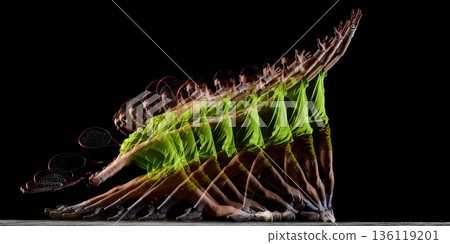 Stroboscopic tennis serve follow through motion sequence on black background 136119201