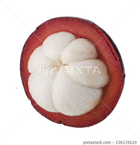 Ripe mangosteen showing white flesh isolated on a white background 136119220