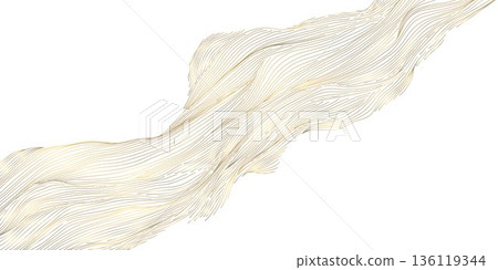 Elegant gold line wave pattern, white background, abstract wavy curves, smooth flowing design. Luxury vector illustration, Japanese ornament, modern geometric shapes, premium wallpaper, cover. 136119344