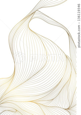 Elegant gold line wave pattern, white background, abstract wavy curves, smooth flowing design. Luxury vector illustration, Japanese ornament, modern geometric shapes, premium wallpaper, cover. 136119346
