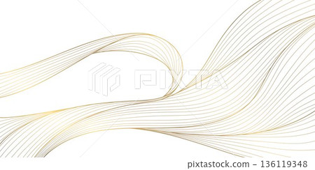 Elegant gold line wave pattern, white background, abstract wavy curves, smooth flowing design. Luxury vector illustration, Japanese ornament, modern geometric shapes, premium wallpaper, cover. 136119348