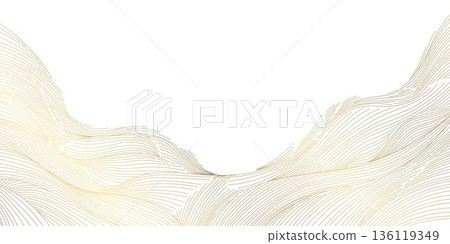 Elegant gold line wave pattern, white background, abstract wavy curves, smooth flowing design. Luxury vector illustration, Japanese ornament, modern geometric shapes, premium wallpaper, cover. 136119349
