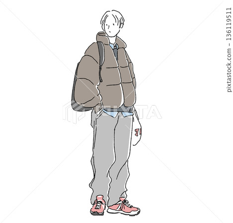 Street fashion man illustration in down jacket and sweatpants 136119511