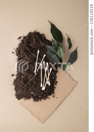 Eco-friendly cotton swabs biodegrading in rich soil with green plant 136119519