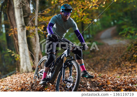 Autumn Forest Mountain Biker In Full Gear Riding Through Fall Leaves On Trail 136119719