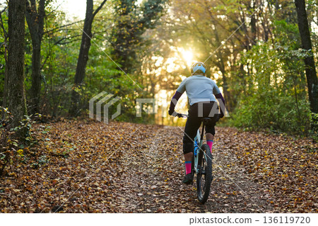 Cyclist Riding Through Autumn Forest Trail at Sunset For Peaceful Outdoor Exercise and Fitness Cyclist Riding Through Autumn Forest Trail at Sunset For Peaceful Outdoor Exercise and Fitness 136119720