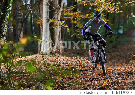 Mountain Biker Racing Through Autumn Forest Trail In Gear And Helmet Mountain Biker Racing Through Autumn Forest Trail In Gear And Helmet 136119729