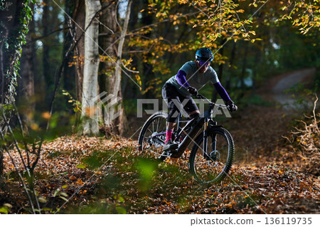 Autumn Mountain Biker Rides Through Leafy Forest Path on Rugged Trail Adventure 136119735