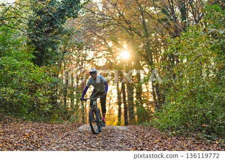 Autumn Forest Bike Ride On Sunlit Trail With Rider In Helmet And Gear Autumn Forest Bike Ride On Sunlit Trail With Rider In Helmet And Gear 136119772