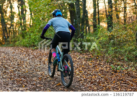 Autumn Forest Bicycle Ride: Mountain Bike Rider on Leaf-Covered Trail in Dappled Sunlight 136119787