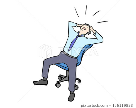 Illustration of a man in a suit sitting in a chair leaning back, holding his head and yelling Illustration of a man in a suit sitting in a chair leaning back, holding his head and yelling 136119858