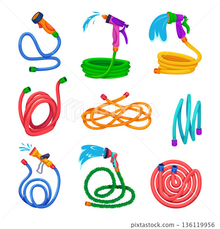 Water rubber hoses. Dripping farm hoses tools for gardening exact vector illustration set isolated 136119956