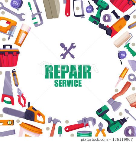 Repair service. circle design shape with workshop tools hammer saw knife Repair service. circle design shape with workshop tools hammer saw knife 136119967