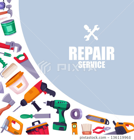 Repair service background. decorative design corner with repair tools saw hammer and paint with brushes Repair service background. decorative design corner with repair tools saw hammer and paint with brushes 136119968