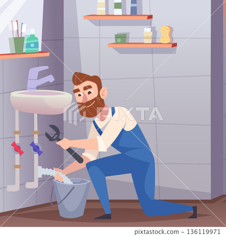 Plumber. repair service man changes the pipes under the sink Plumber. repair service man changes the pipes under the sink 136119971