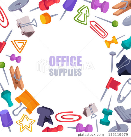 Office supplies. circle background with pointers and pins collection 136119979