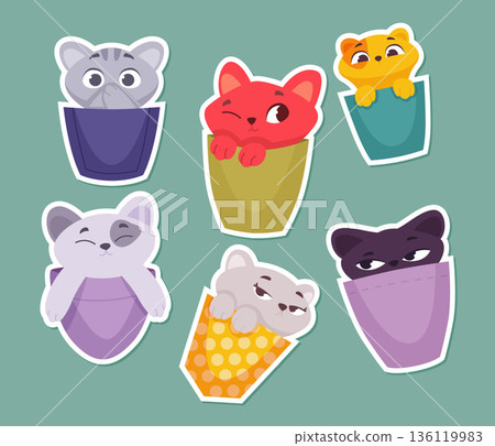 Kitten in pocket. sticky with funny kitten with different emotions Kitten in pocket. sticky with funny kitten with different emotions 136119983