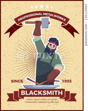 Blacksmith poster. placard with strong worker with hammer. vector poster template 136119987